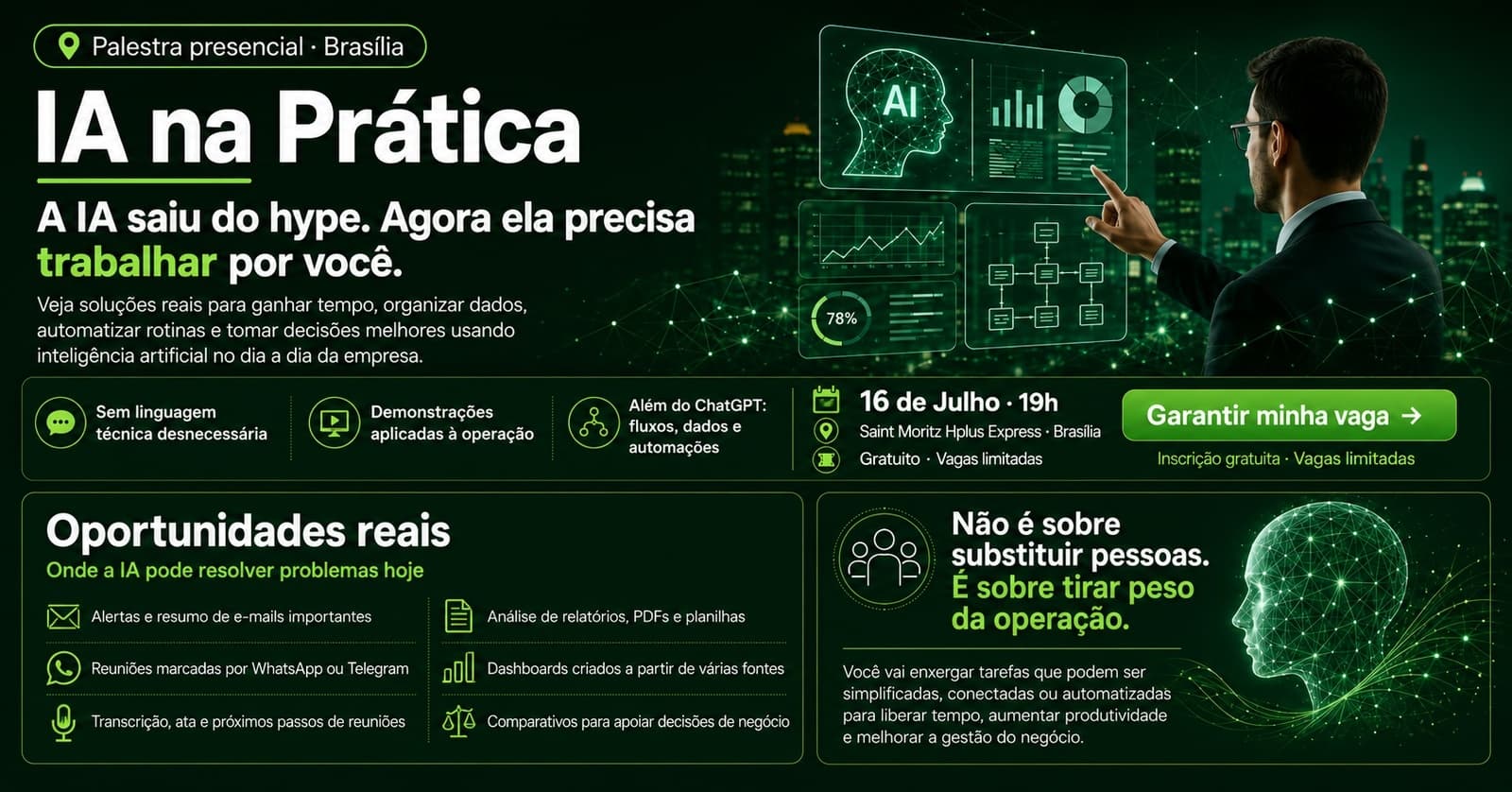 Cartaz do evento IA na Prática, palestra presencial em Brasília
